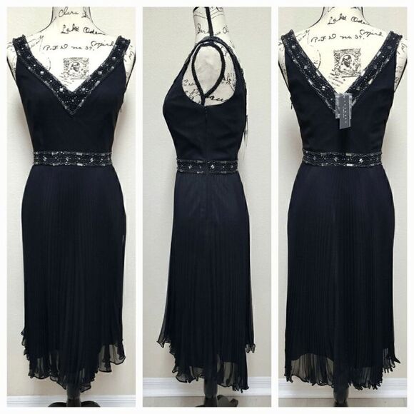LAUNDRY BY SHELLI SEGAL Black Beaded V-Neck Pleated Dress NEW MSRP $340 SIZE 2 - Picture 3 of 17